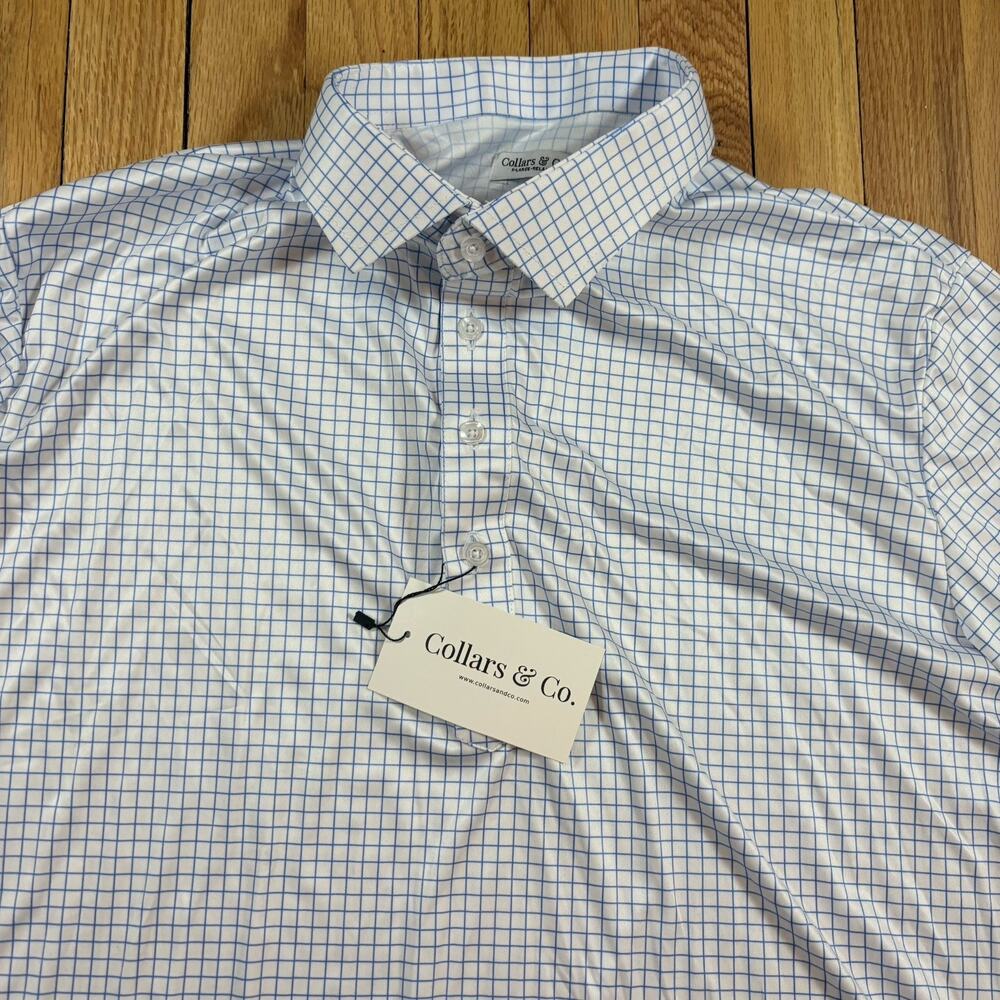 NWT Collars and Co Men’s Size XL Relaxed Dress Collar Polo Shirt Blue White Grid